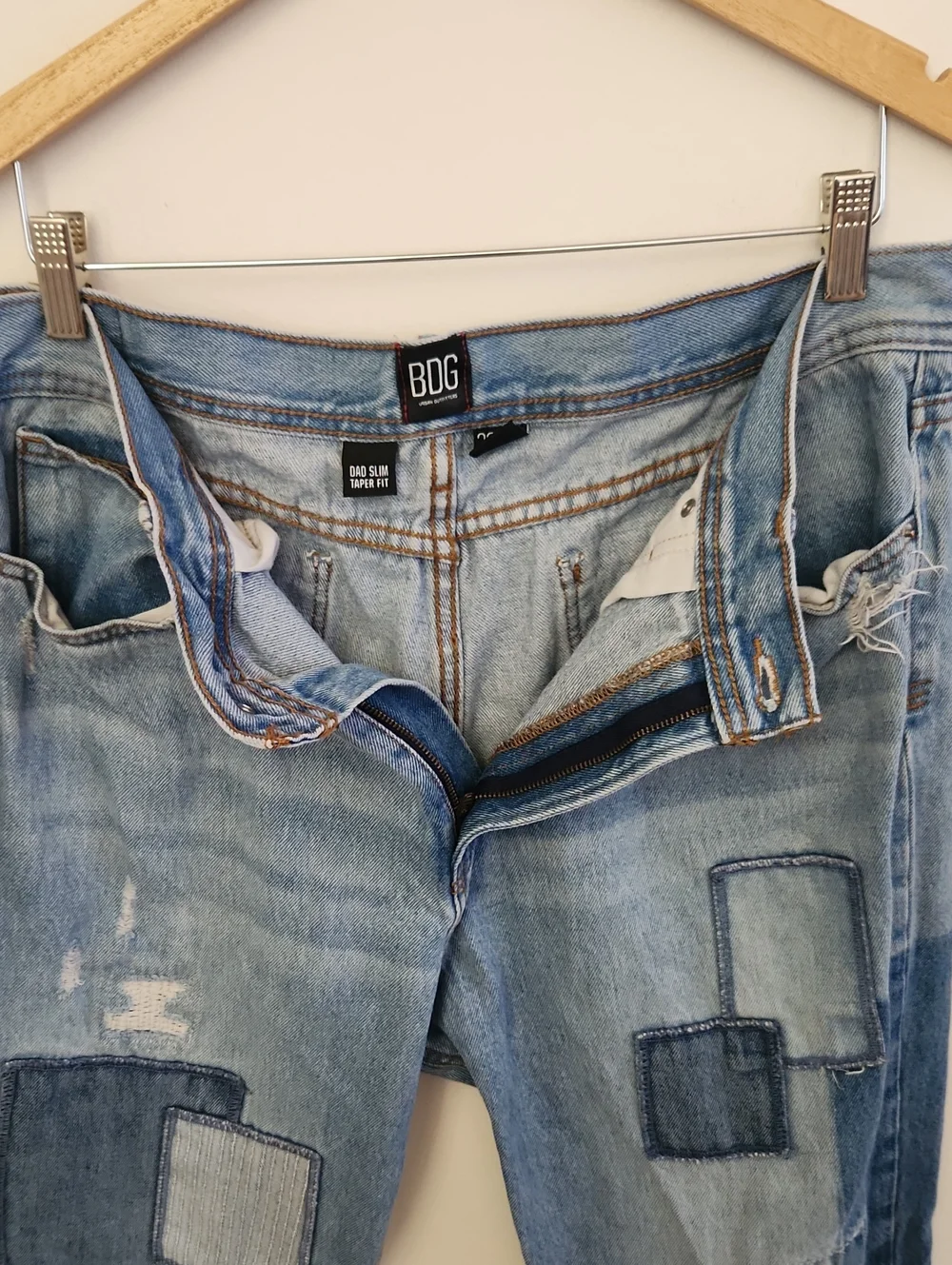 BDG Dad Slim Taper Fit Light Blue Denim Jeans Patchwork 36x34